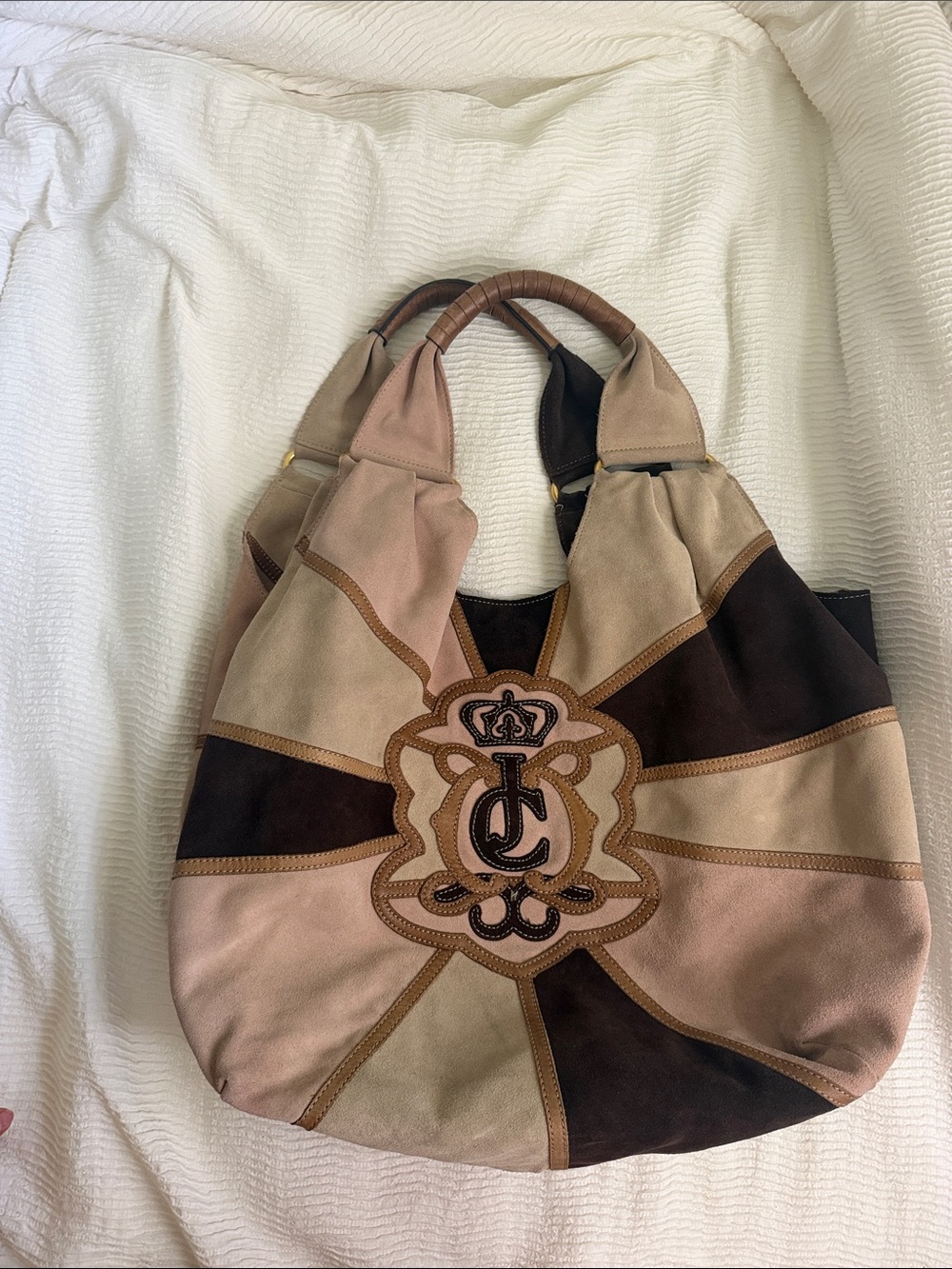 2007 Juicy Couture Patchwork Suede Hobo Bag in Pink, Beige & Brown